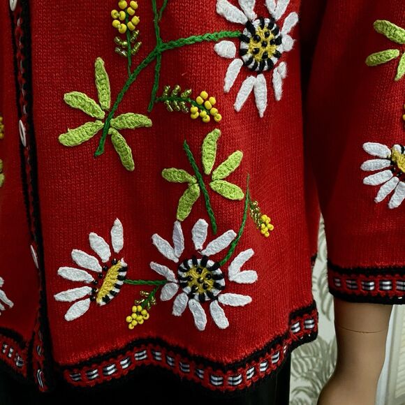 Design Option Philip Jane Gordon Vtg  L Daisy Beaded Cardigan Ribbon Floral 3D - Picture 8 of 16
